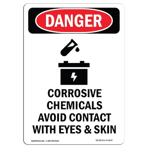 Safety Sign, OSHA Danger, 5" Height, Corrosive Chemicals, Portrait, 10PK